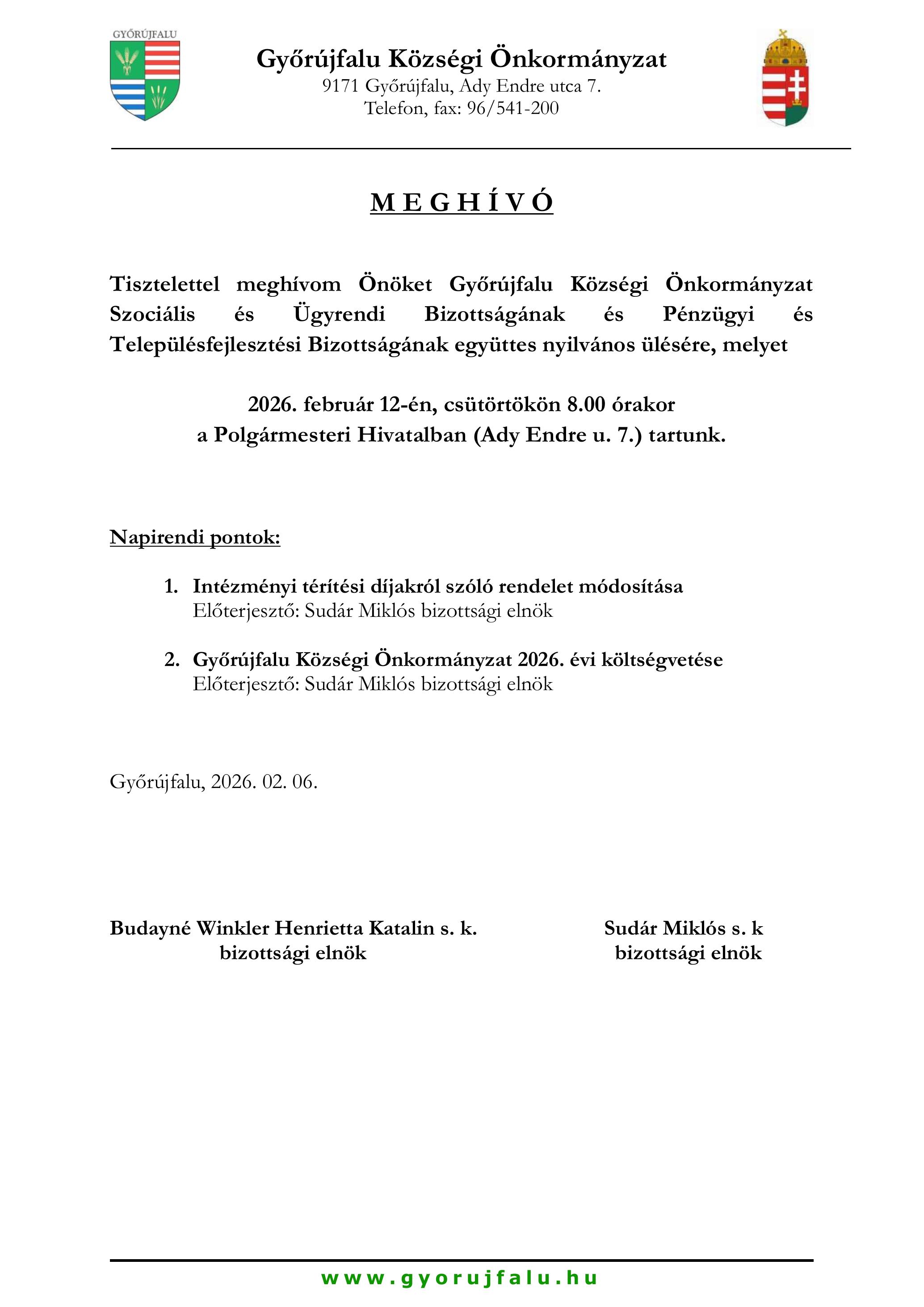 Meghívó Szocilális Bizottság és Pénzügyi Bizottság nyilvános 002