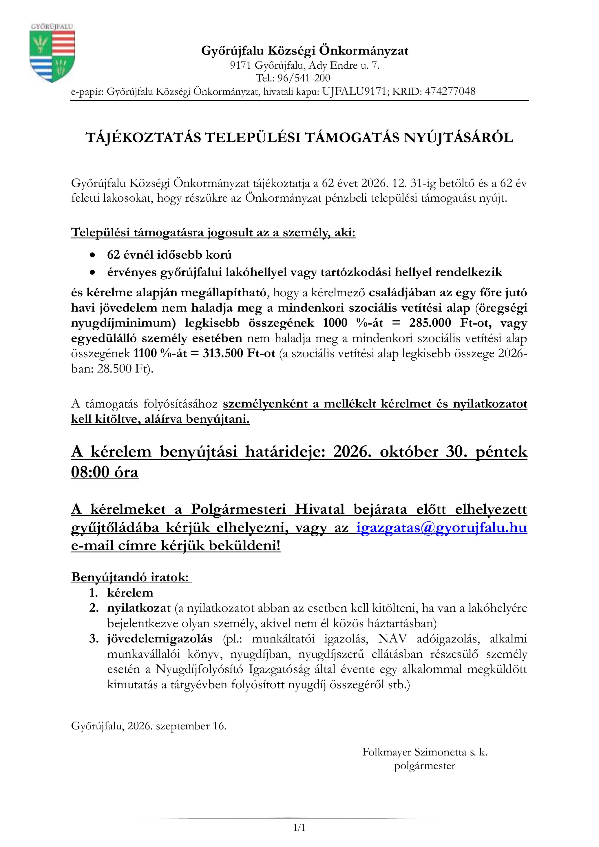 Tájékoztatás rendkívüli települési támogatás nyújtásáról nyugdíjasok 2026