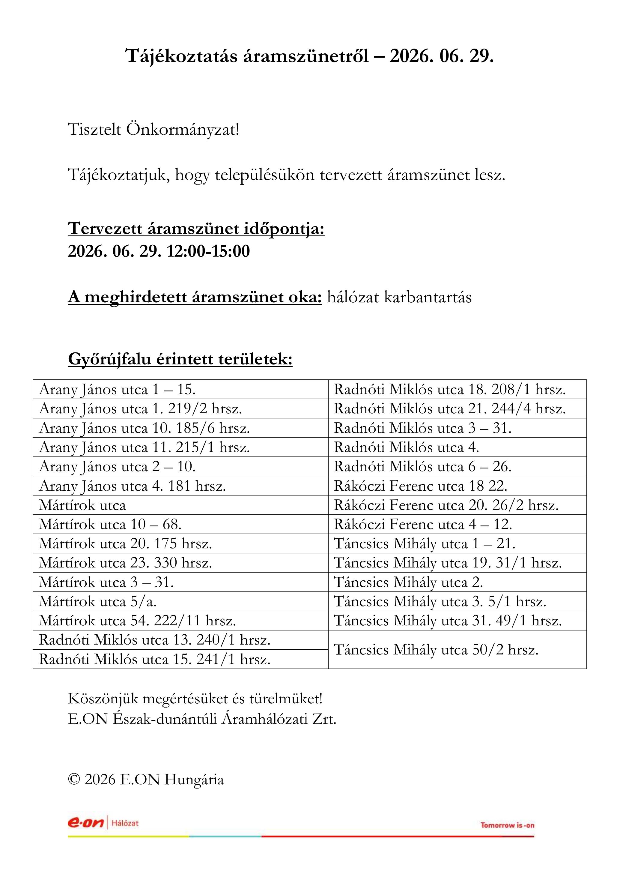 Tájékoztatás áramszünetről 20240619
